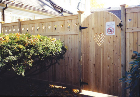 Wood Fence with Diamond Topper and Arch Gate with Heart Shape Lattice Cutout